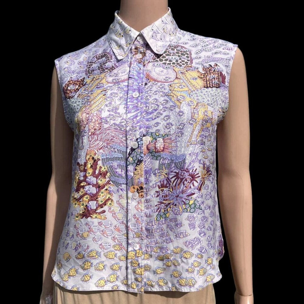 HERMES Paris Seeveless Silk Shirt Top Ocean Print Recontre Oceane Size 38 S NWT